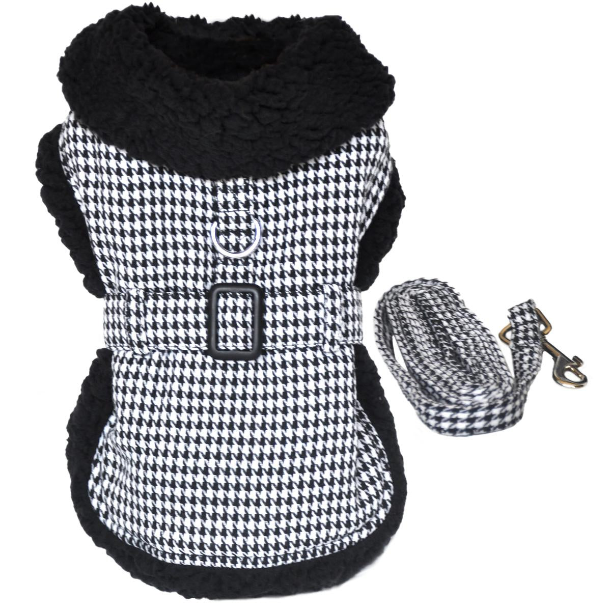 Black and White Classic Houndstooth Dog Harness Coat with Leash