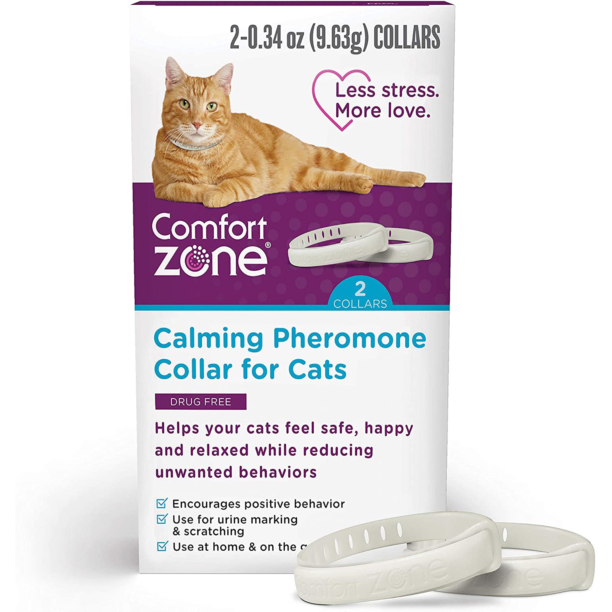 Comfort Zone Cat Calming Pheromone Collar, Anxiety & Stress Relief Aid, Breakaway Design, White, 2-Pack