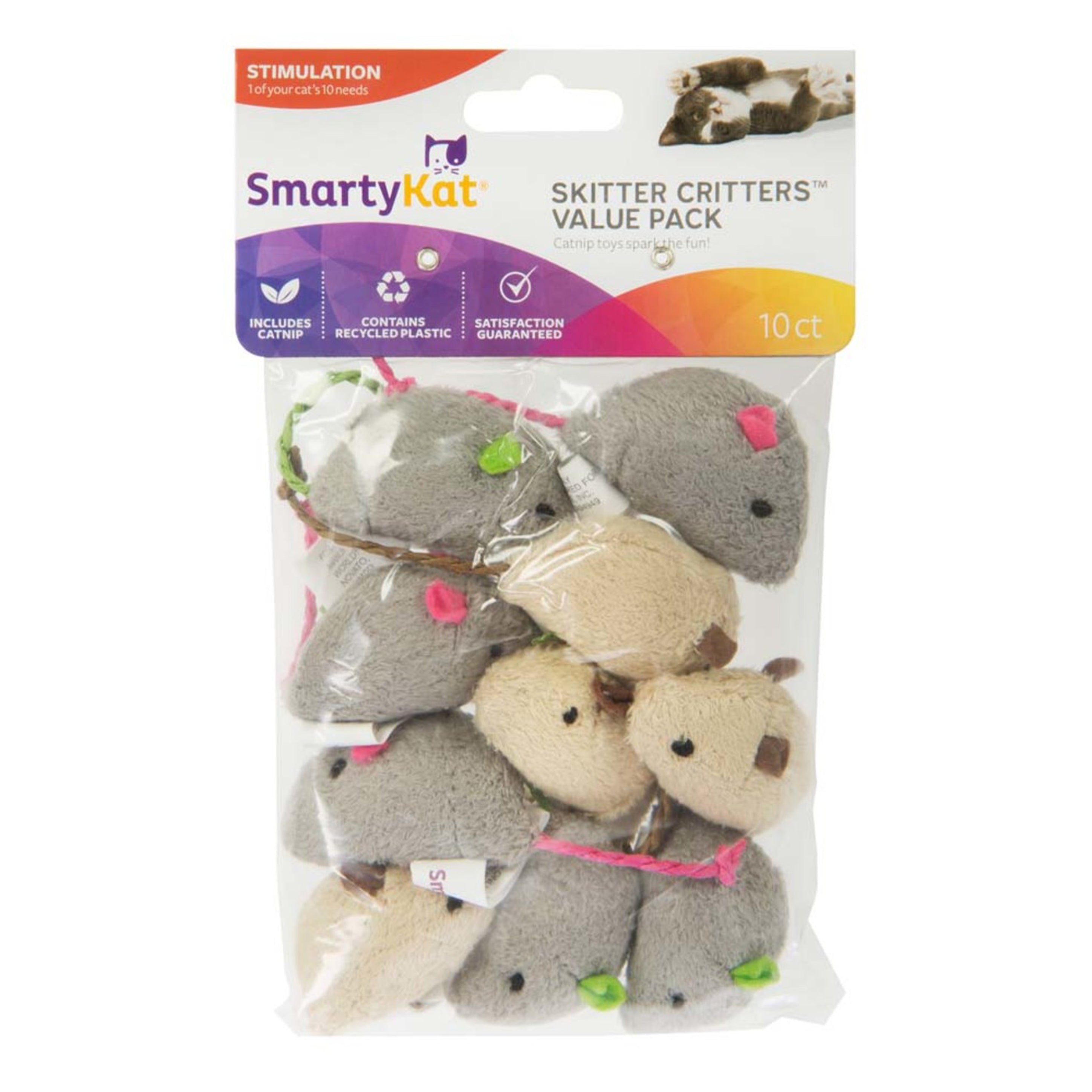 SmartyKat Skitter Critters Mice Catnip Toy Grey, Tan 10-Count Value Pack
