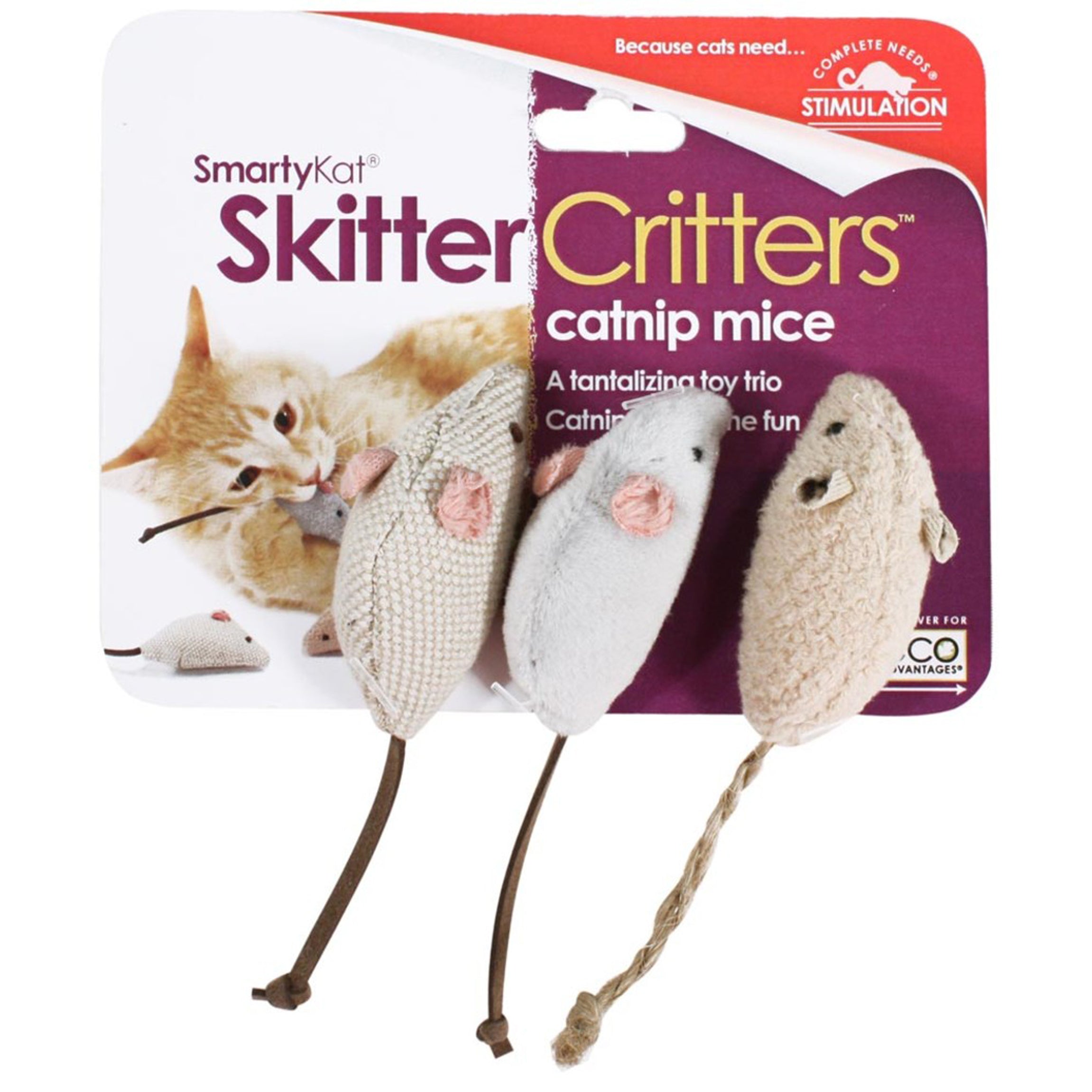 SmartyKat Skitter Critters Mice Catnip Toy Grey, Tan 3-Pack